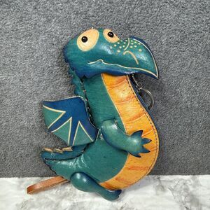 Dragon Tooled Leather Wristlet Coin Purse Hand Made Blue Teal Yellow Zipper